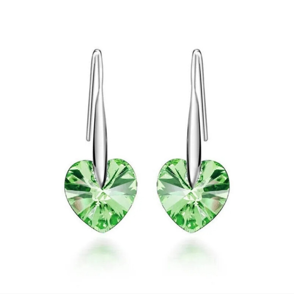 Green Crystal Heart Rhinestone Hearts Silver Drop Dangle Hook Earrings